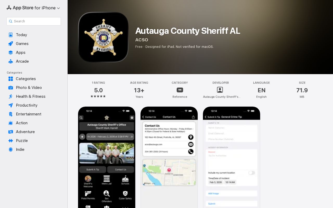 Autauga County 24 hour release Apple App Store sheriff app listing